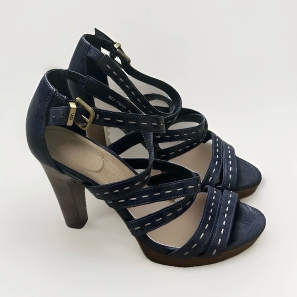 UGG Sandals Platform Strappy Navy Blue Leather Women Sz 8.5 High Heel Open Toe - Picture 2 of 15